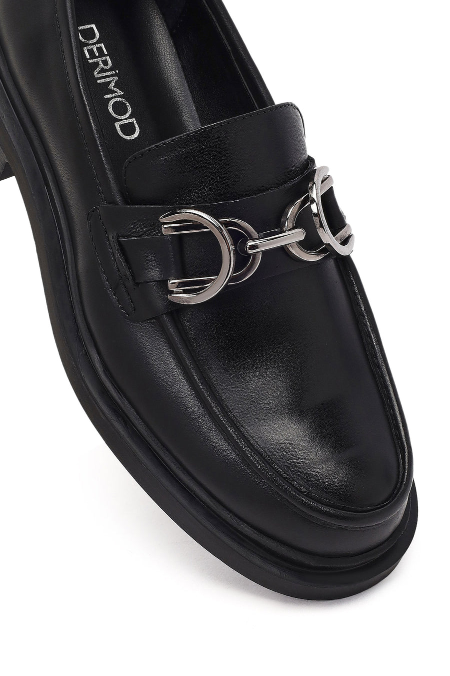 Kadın Siyah Tokalı Deri Maskülen Loafer