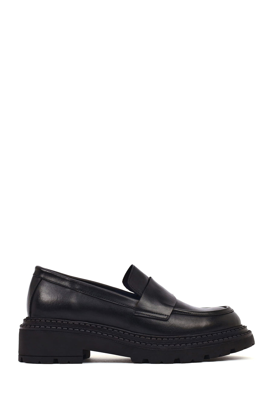 Women's Black Thick-Soled Leather Masculine Loafer 25AFD185018 | Derimod