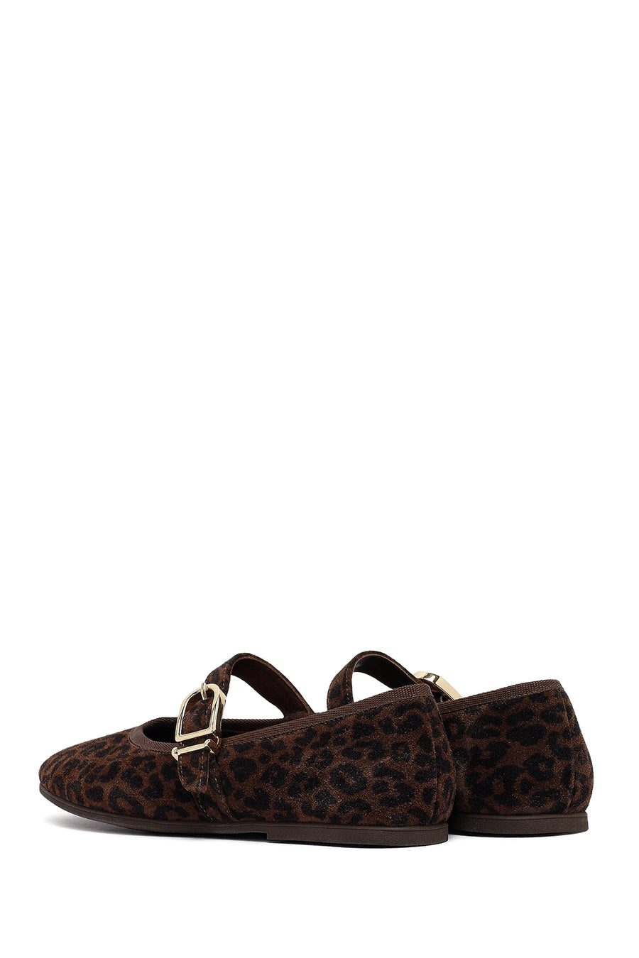 Woman Brown Leopard Pattern Buckled Suede Leather Babet
