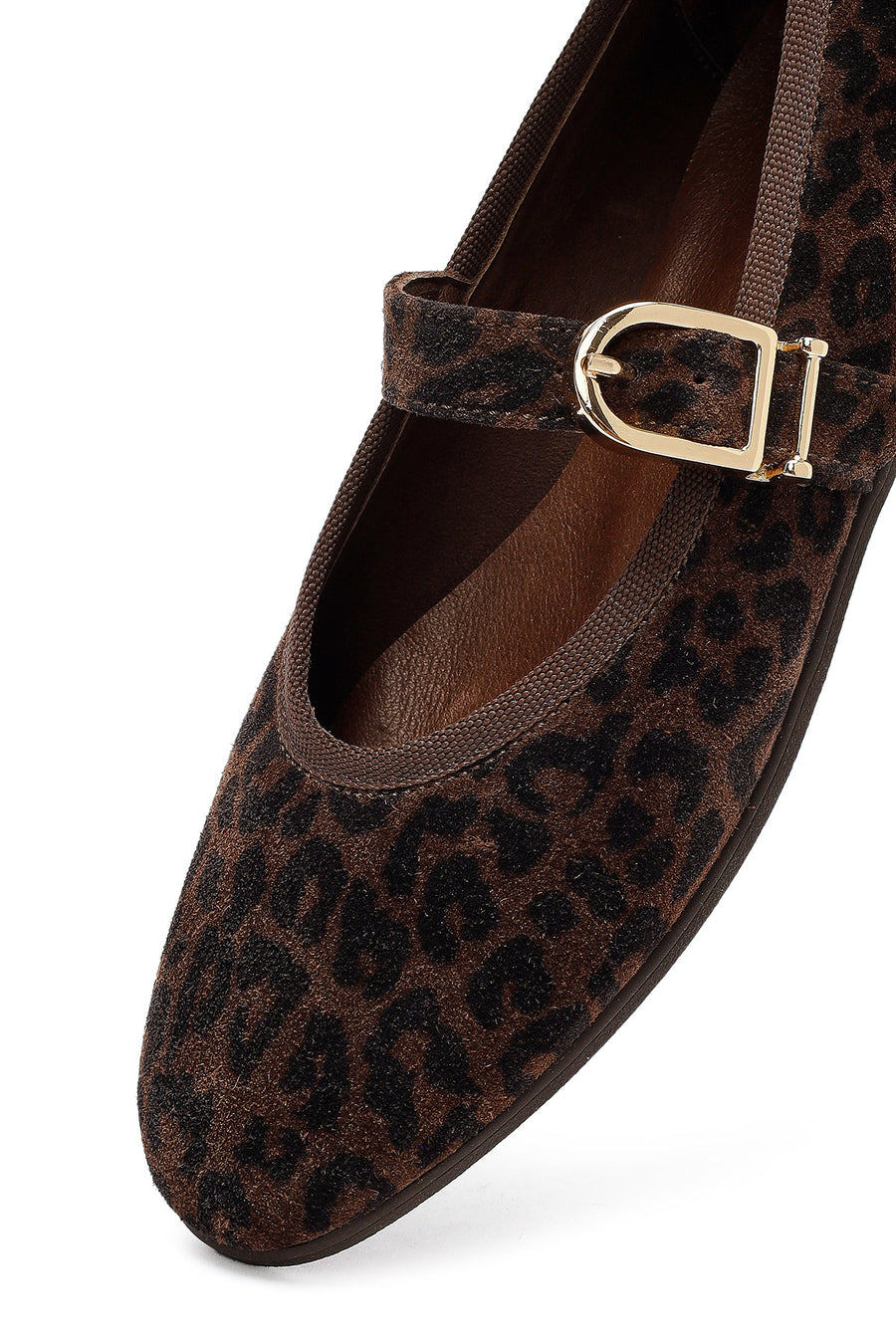 Woman Brown Leopard Pattern Buckled Suede Leather Babet