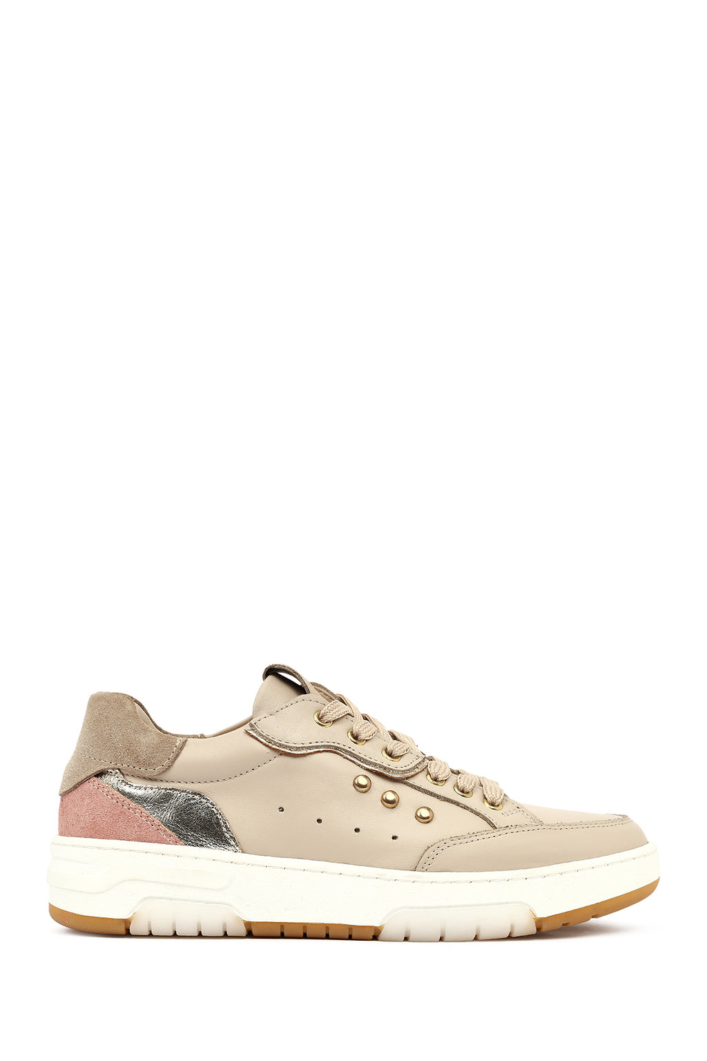 Kadın Bej Bağcıklı Kalın Tabanlı Deri Sneaker