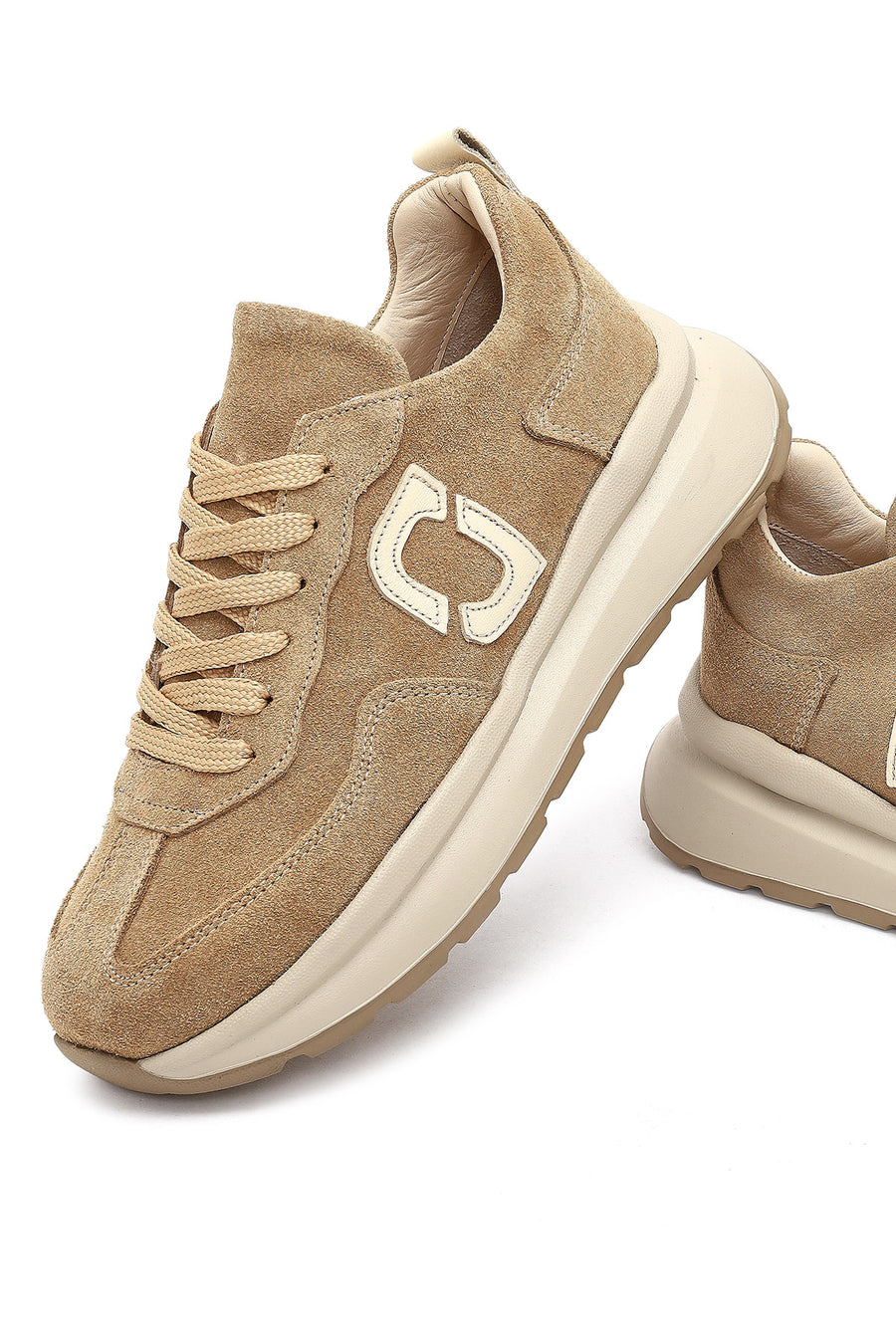 Women's Beige Lace-Up Thick-Soled Suede Leather Sneaker