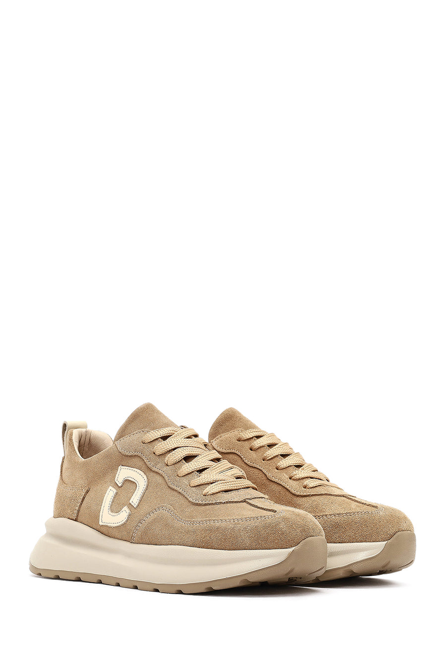 Women's Beige Lace-Up Thick-Soled Suede Leather Sneaker