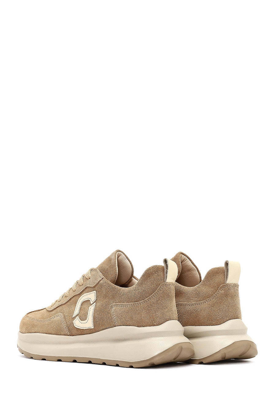 Women's Beige Lace-Up Thick-Soled Suede Leather Sneaker