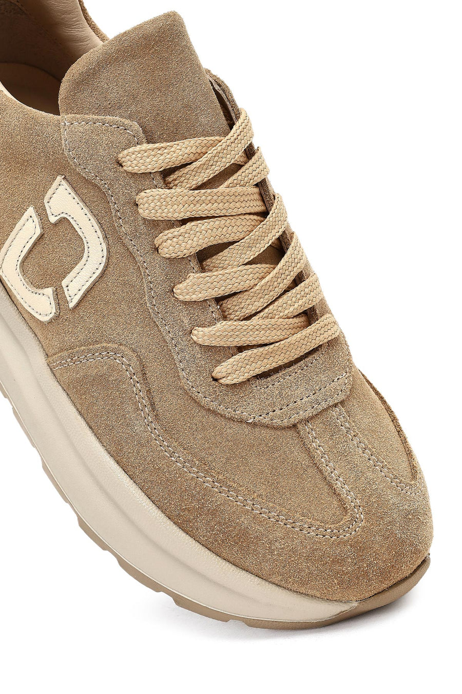 Women's Beige Lace-Up Thick-Soled Suede Leather Sneaker