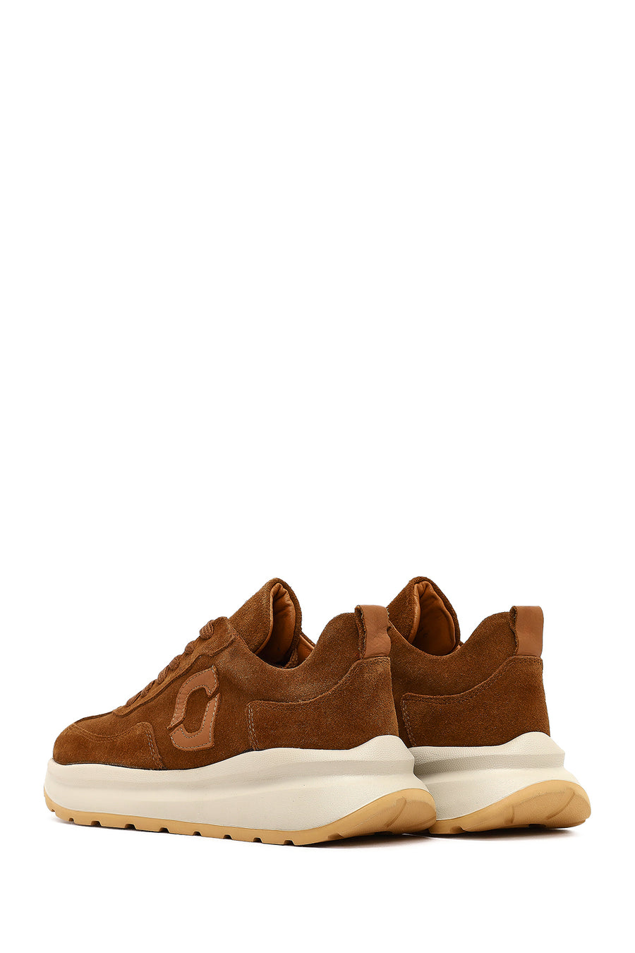 Women's Tan Lace-Up Thick-Soled Suede Leather Sneaker
