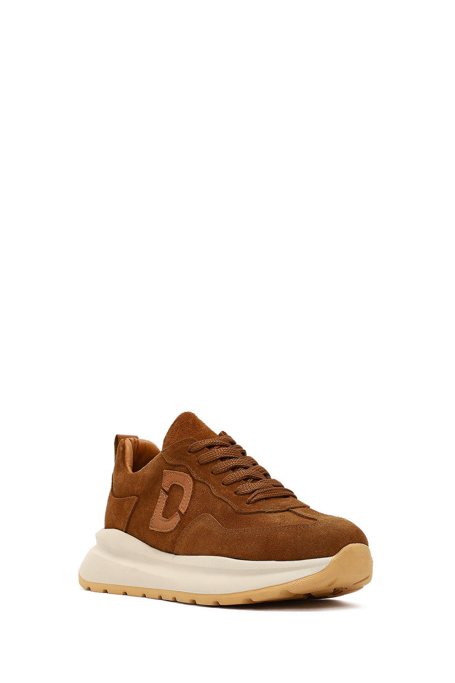 Women's Tan Lace-Up Thick-Soled Suede Leather Sneaker