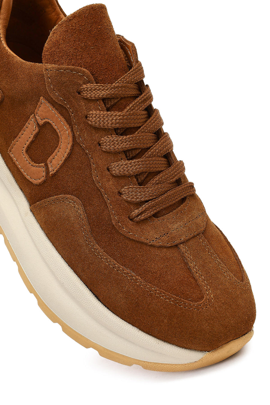 Women's Tan Lace-Up Thick-Soled Suede Leather Sneaker