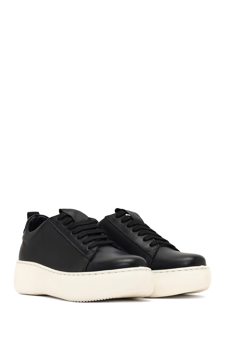 Women's Black Lace-Up Thick-Soled Leather Sneaker