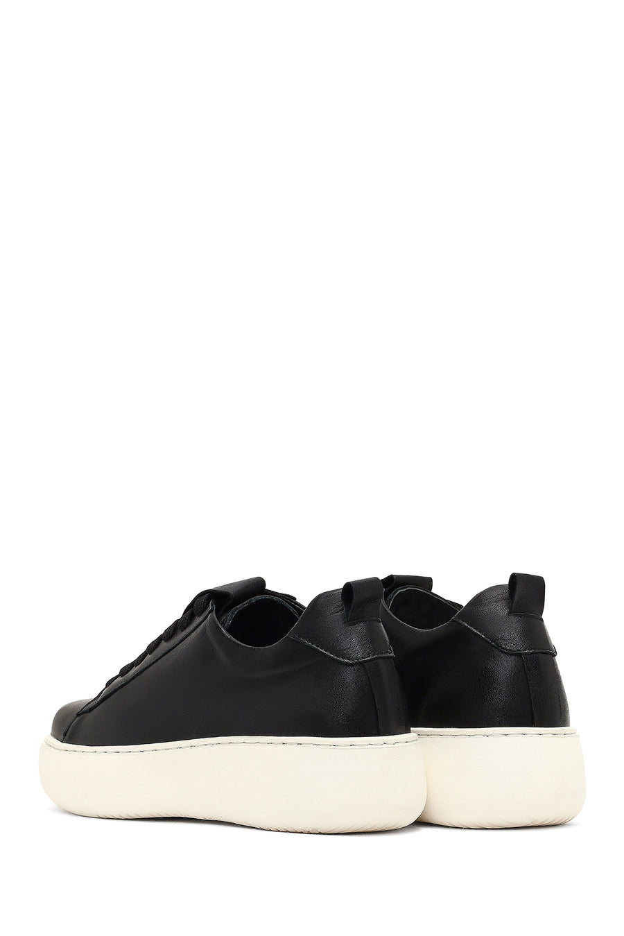 Women's Black Lace-Up Thick-Soled Leather Sneaker