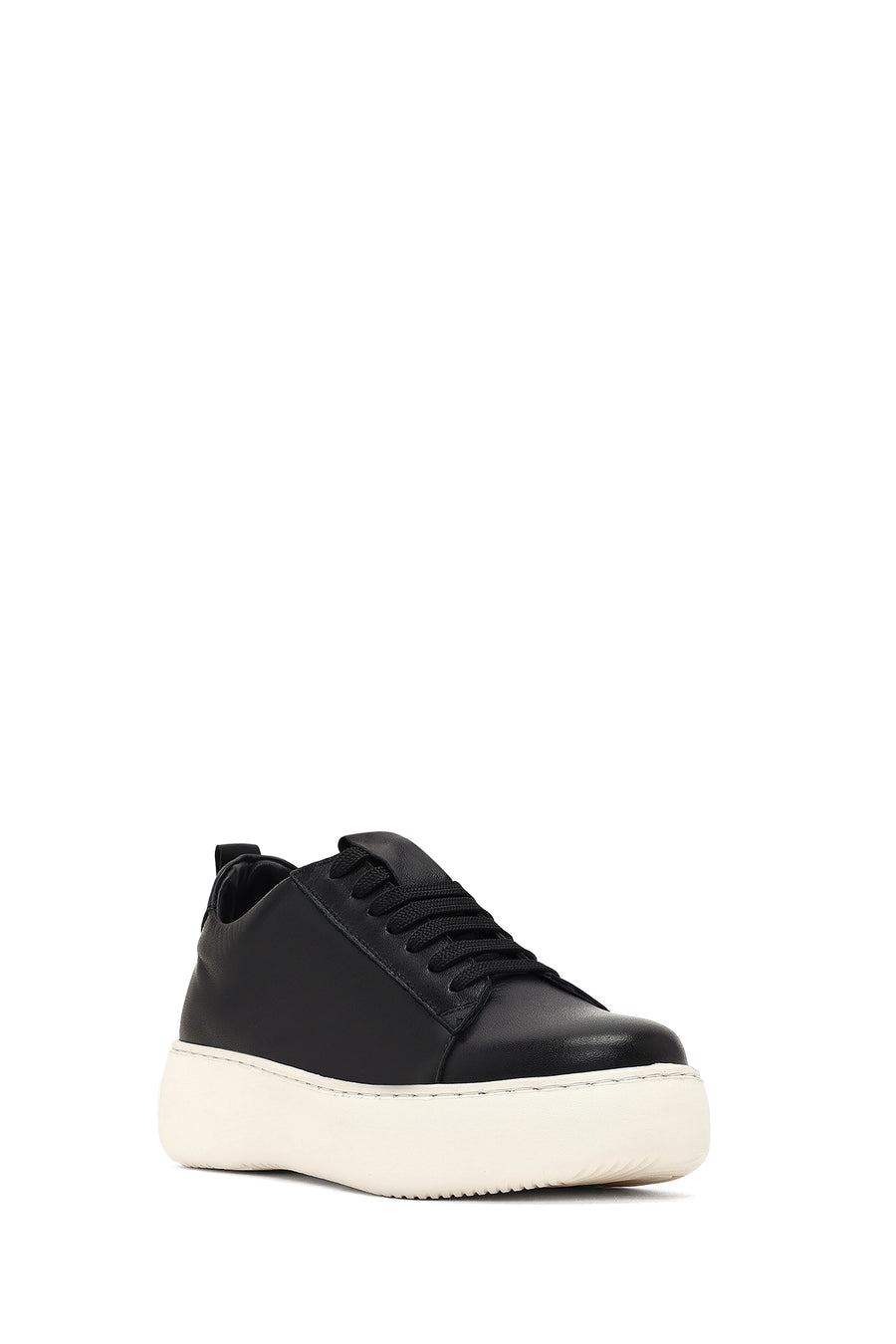 Women's Black Lace-Up Thick-Soled Leather Sneaker