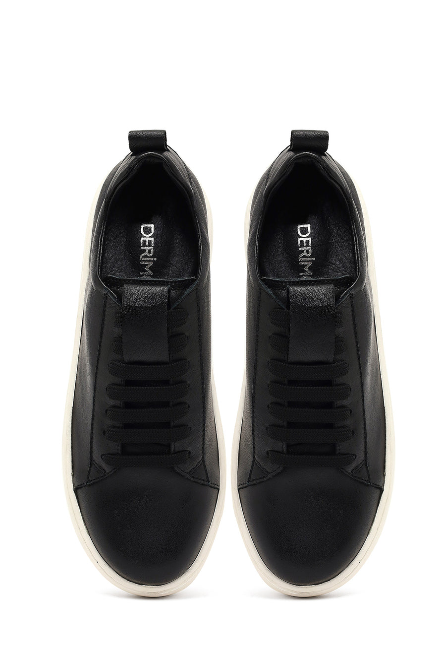 Women's Black Lace-Up Thick-Soled Leather Sneaker