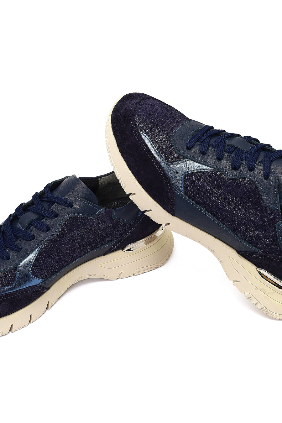 Women's Navy Blue Lace-Up Thick-Soled Leather Sneaker
