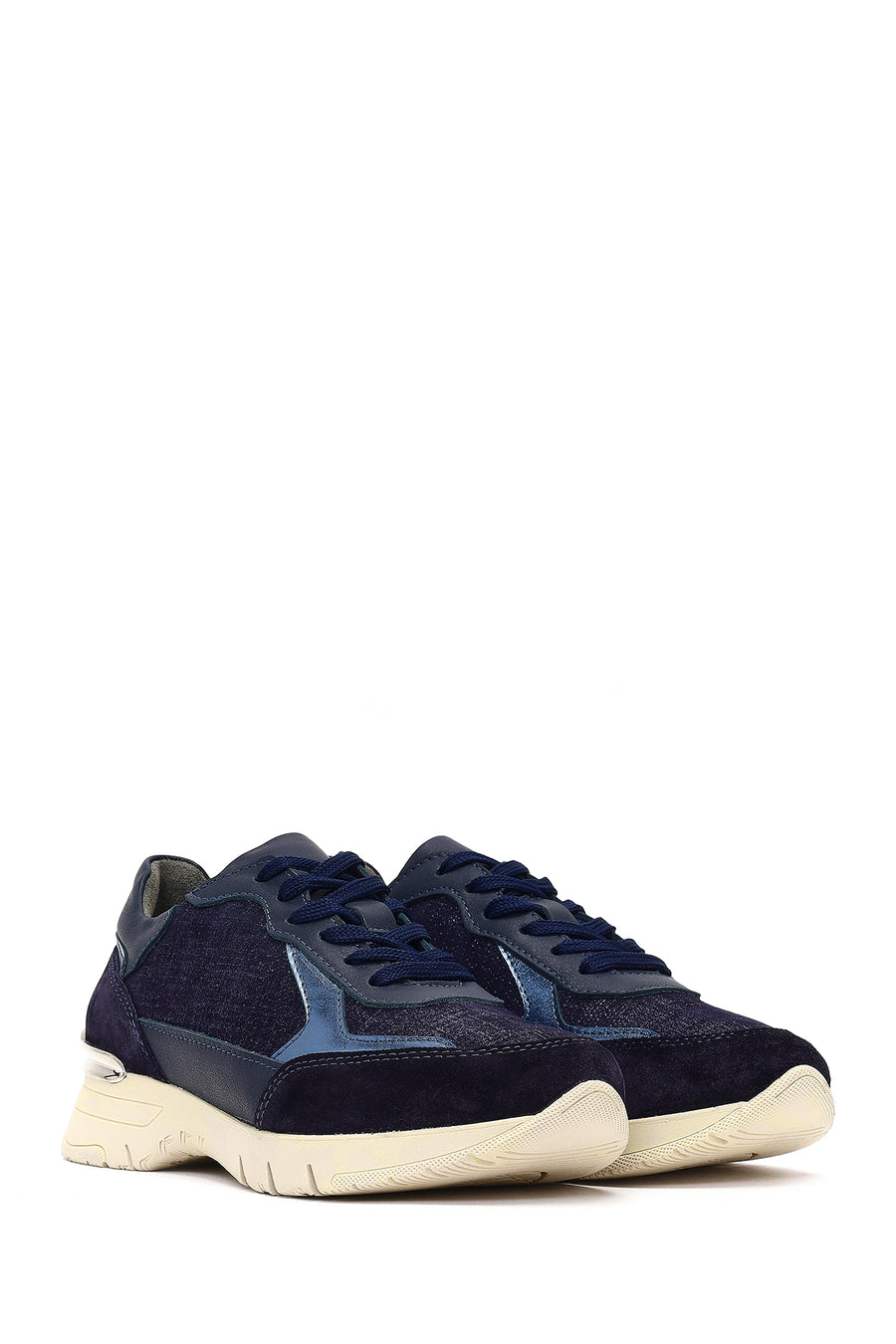 Women's Navy Blue Lace-Up Thick-Soled Leather Sneaker