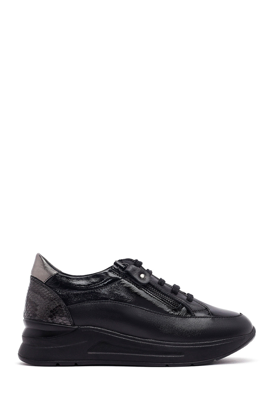 Women's Black Lace-Up Thick-Soled Leather Sneaker 25AFD412814 | Derimod