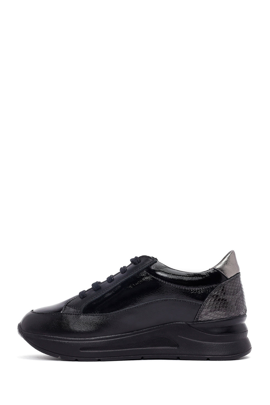 Women's Black Lace-Up Thick-Soled Leather Sneaker