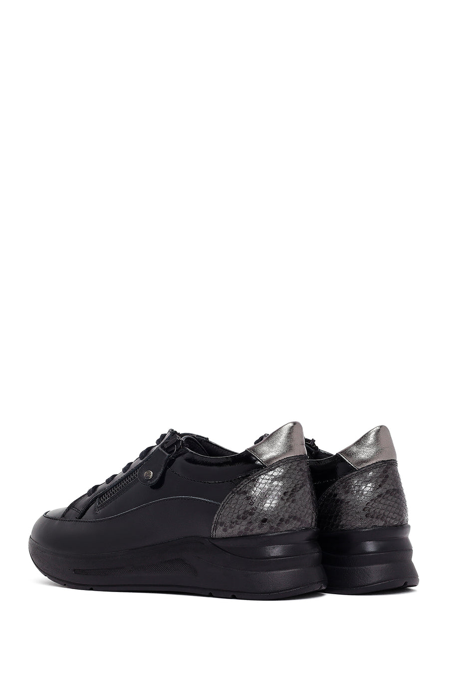 Women's Black Lace-Up Thick-Soled Leather Sneaker
