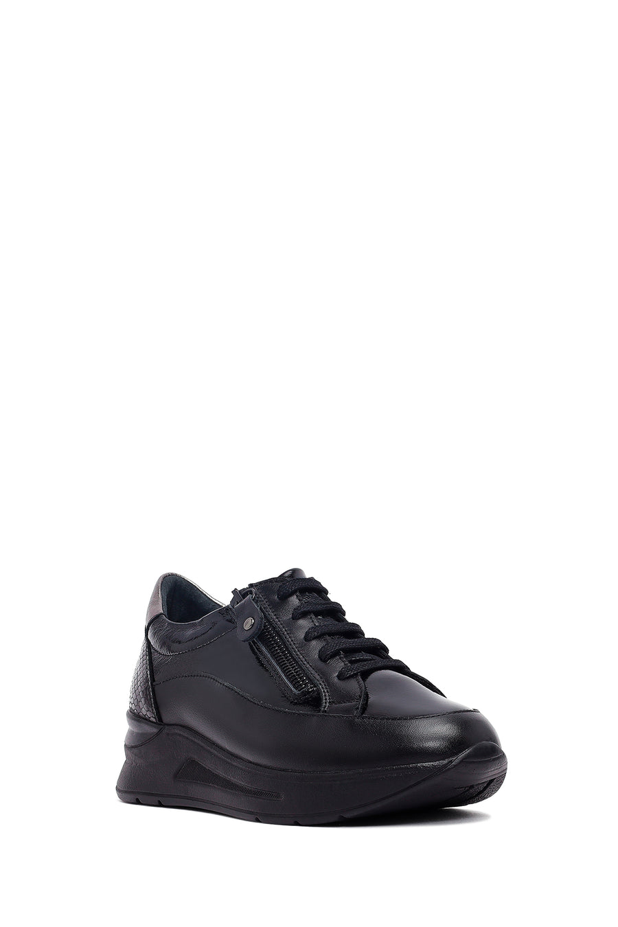 Women's Black Lace-Up Thick-Soled Leather Sneaker