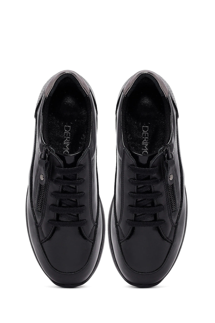 Women's Black Lace-Up Thick-Soled Leather Sneaker
