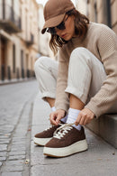 Women's Brown Lace-Up Thick-Soled Suede Sneaker | Derimod