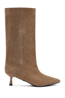 Women's Beige Thin Heeled Suede Leather Boot | Derimod