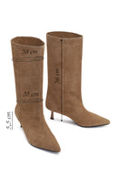 Women's Beige Thin Heeled Suede Leather Boot | Derimod