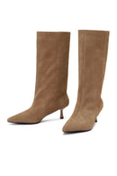 Women's Beige Thin Heeled Suede Leather Boot | Derimod