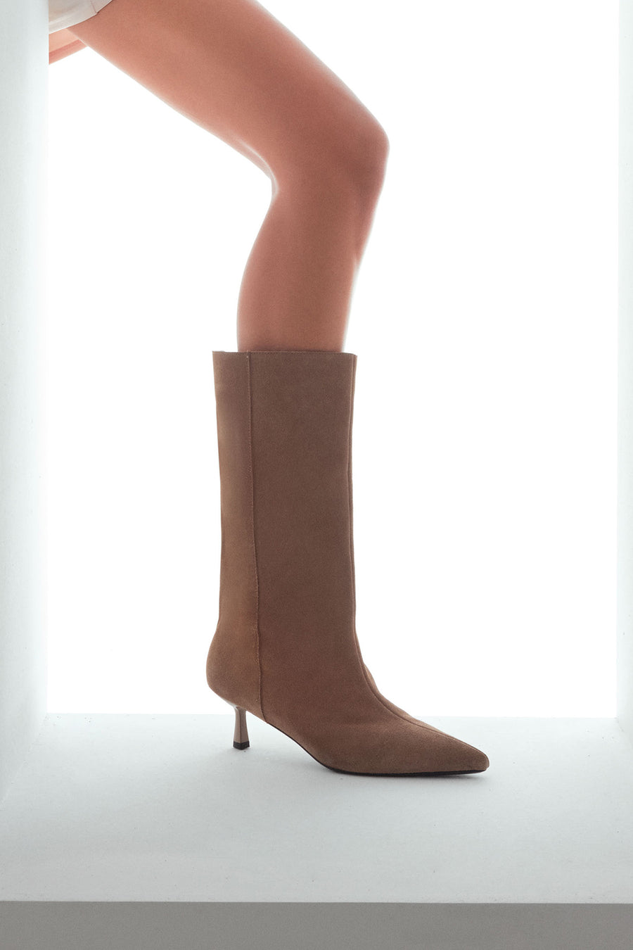 Women's Beige Thin Heeled Suede Leather Boot
