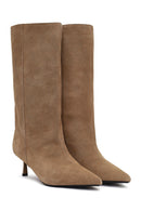 Women's Beige Thin Heeled Suede Leather Boot | Derimod