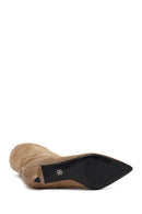 Women's Beige Thin Heeled Suede Leather Boot | Derimod