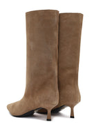 Women's Beige Thin Heeled Suede Leather Boot | Derimod