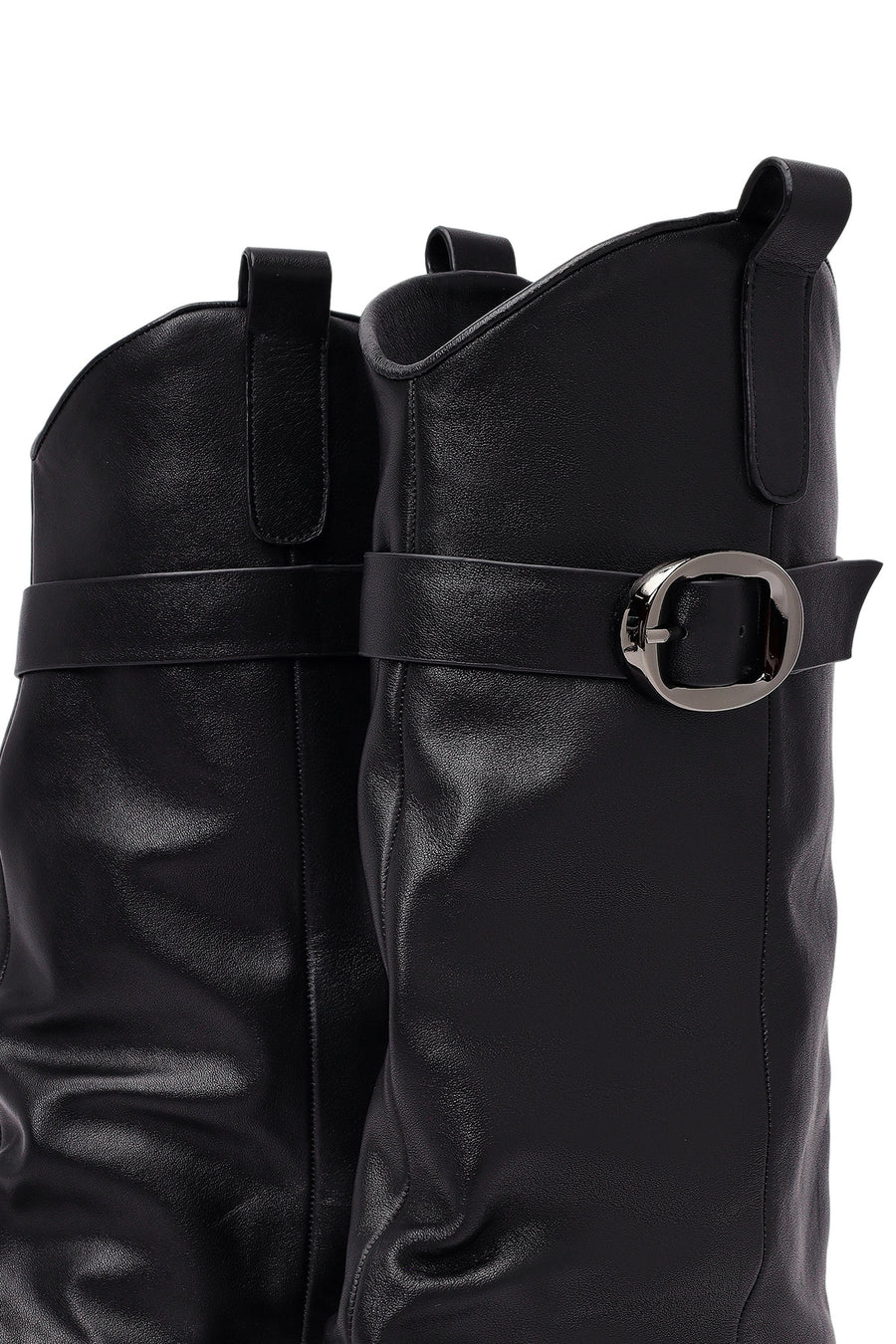 Women's Black Buckled Thick Heeled Leather Boot