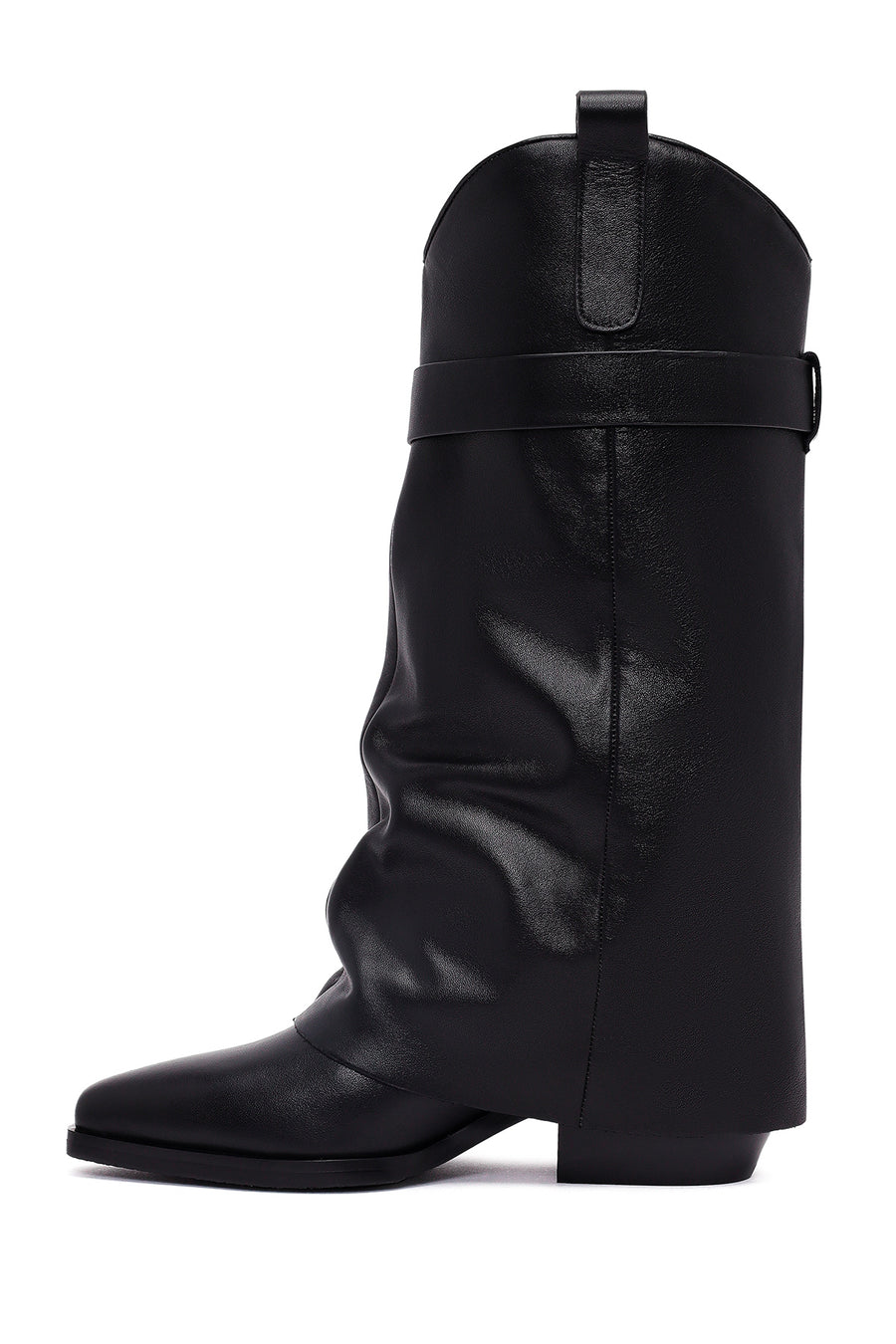Women's Black Buckled Thick Heeled Leather Boot