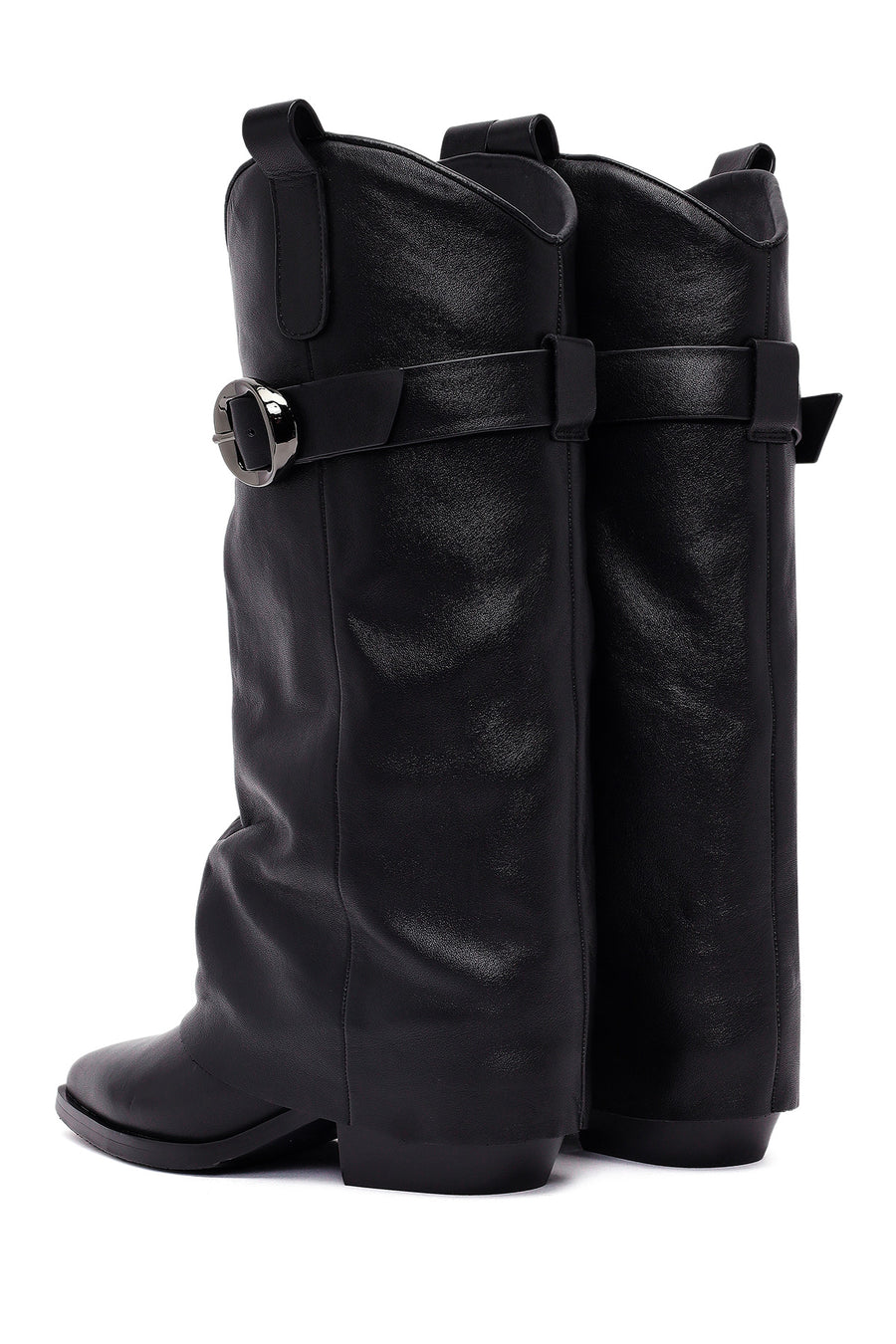 Women's Black Buckled Thick Heeled Leather Boot