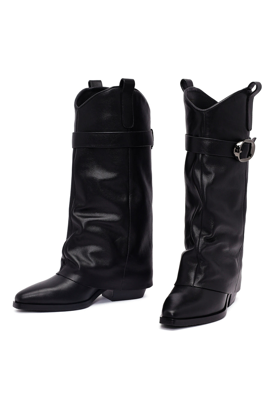 Women's Black Buckled Thick Heeled Leather Boot