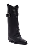 Women's Black Buckled Thick Heeled Leather Boot | Derimod