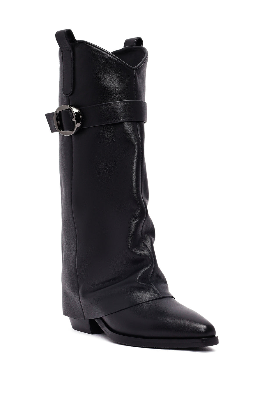 Women's Black Buckled Thick Heeled Leather Boot