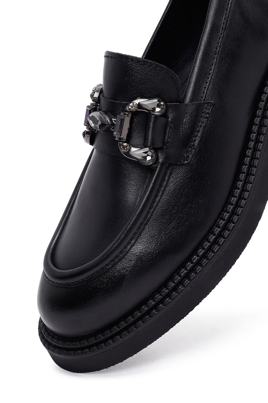 Kadın Siyah Tokalı Deri Maskülen Loafer