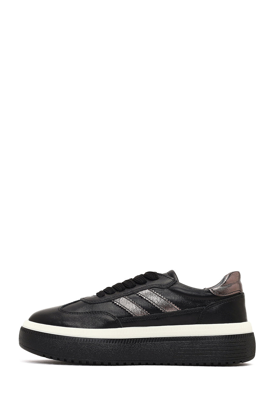Women's Black Lace-Up Thick-Soled Leather Sneaker