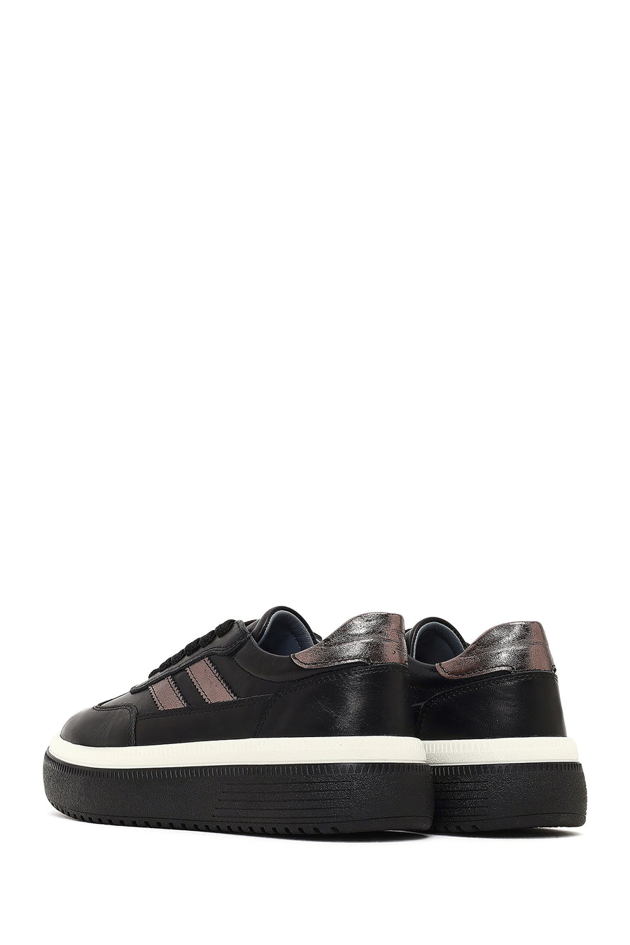 Women's Black Lace-Up Thick-Soled Leather Sneaker