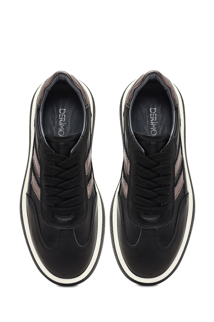 Women's Black Lace-Up Thick-Soled Leather Sneaker