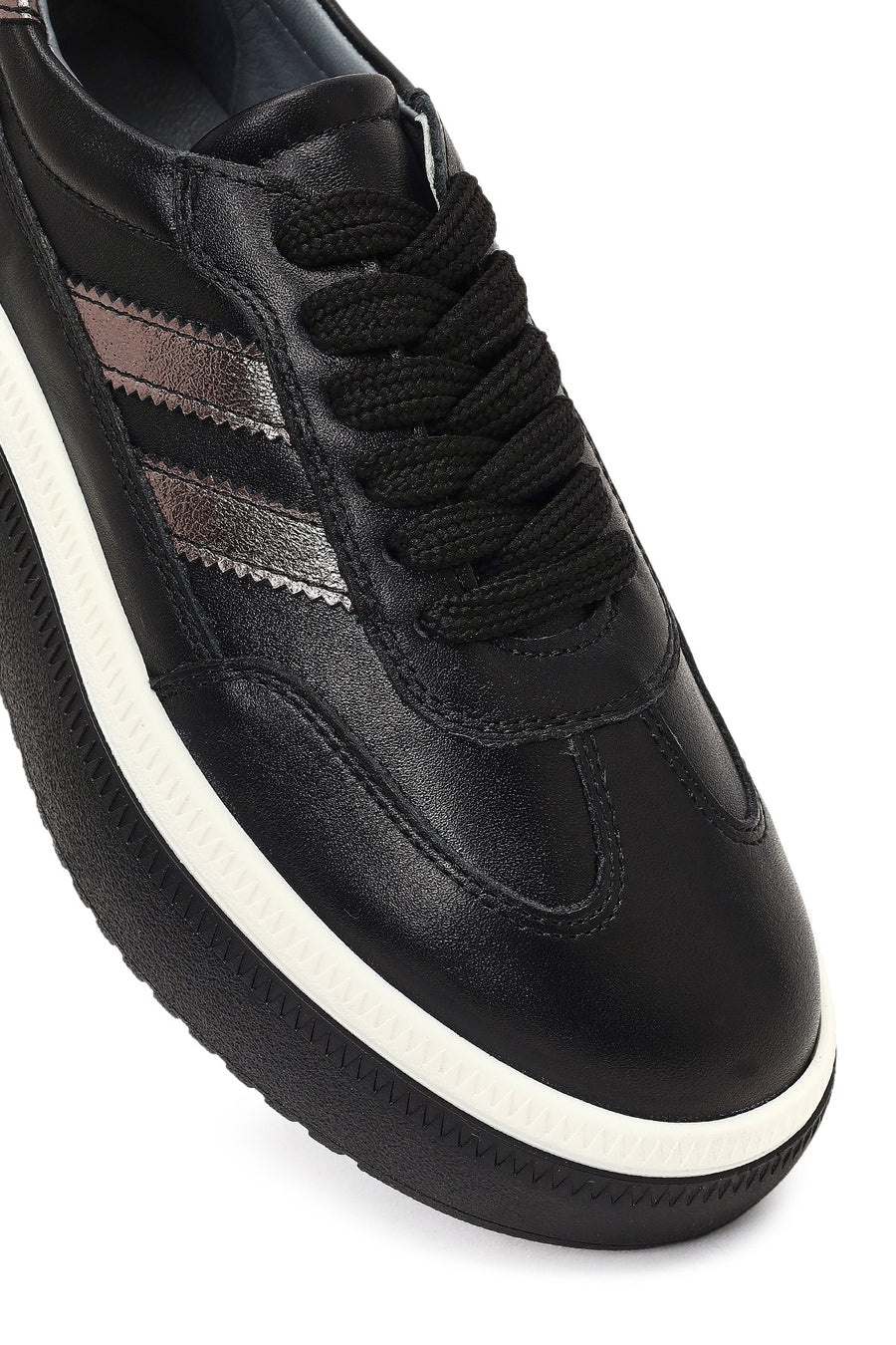 Women's Black Lace-Up Thick-Soled Leather Sneaker