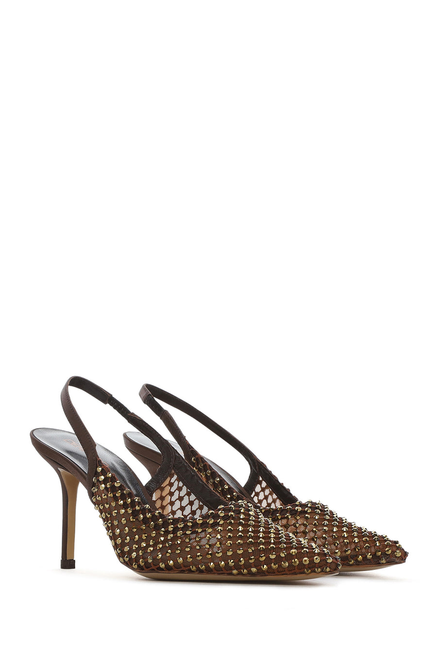 Women's Bronze Stone Open Back Thin Heeled Leather Shoes
