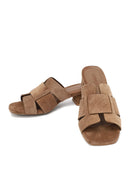 Women's Taupe Thick Short Heel Suede Leather Slippers | Derimod