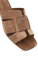 Women's Taupe Thick Short Heel Suede Leather Slippers | Derimod