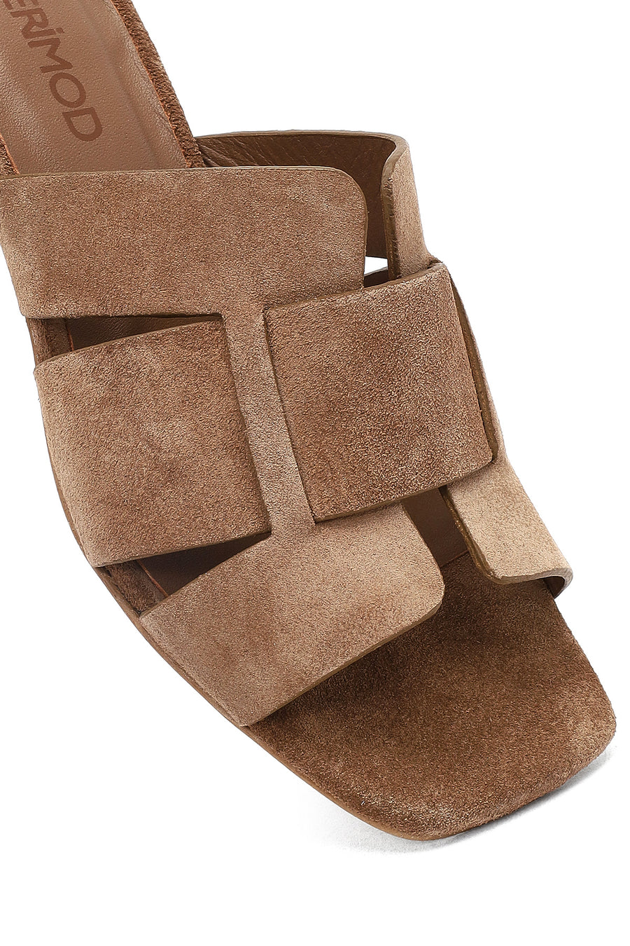 Women's Taupe Thick Short Heel Suede Leather Slippers