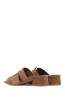 Women's Taupe Thick Short Heel Suede Leather Slippers | Derimod