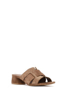 Women's Taupe Thick Short Heel Suede Leather Slippers | Derimod