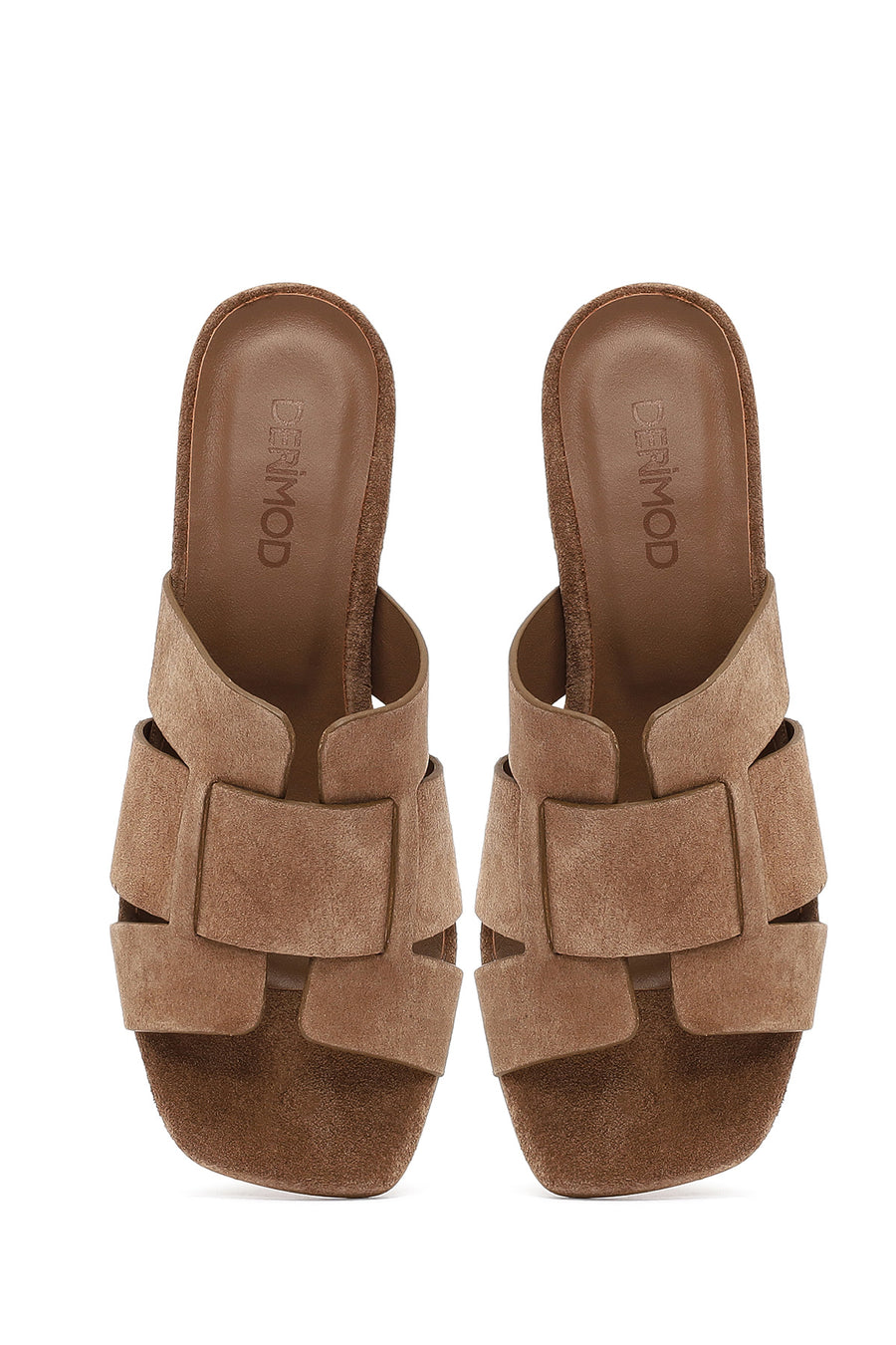 Women's Taupe Thick Short Heel Suede Leather Slippers