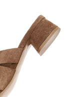 Women's Taupe Thick Short Heel Suede Leather Slippers | Derimod